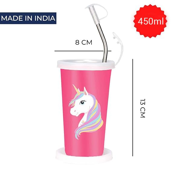 PDDFALCON Stainless Steel Cartoon Print Glass/Tumbler With Steel Straw,Cleaning Brush & Food Grade Cap for Straw, 100% Leak Proof, BIS Certified, Jindal Seal & Made In India- 450ml (Pink Unicorn) - Image 2