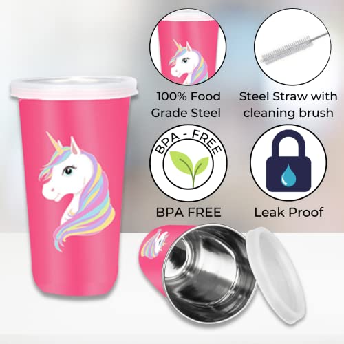 PDDFALCON Stainless Steel Cartoon Print Glass/Tumbler With Steel Straw,Cleaning Brush & Food Grade Cap for Straw, 100% Leak Proof, BIS Certified, Jindal Seal & Made In India- 450ml (Pink Unicorn) - Image 3