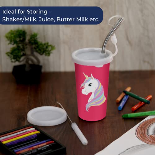 PDDFALCON Stainless Steel Cartoon Print Glass/Tumbler With Steel Straw,Cleaning Brush & Food Grade Cap for Straw, 100% Leak Proof, BIS Certified, Jindal Seal & Made In India- 450ml (Pink Unicorn) - Image 5