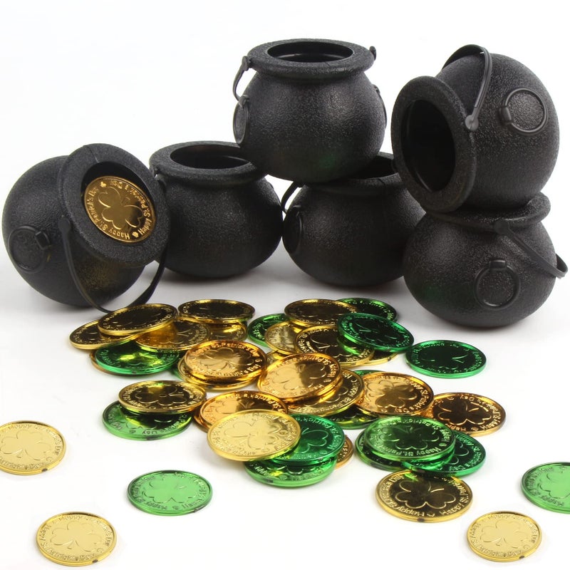 FOIMAS Mini Black Cauldron6pcs Plastic Candy Kettle with 72pcs Shamrock Coins for St Patricks Day Party Decoration Supply - Image 2