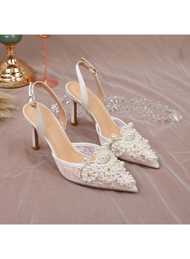 Summer Sandals Women's 2025 White Wedding Shoes Women's Lace Women's Shoes Fashion High Heels Pearl Dropshipping Stiletto Heels 6.5cm