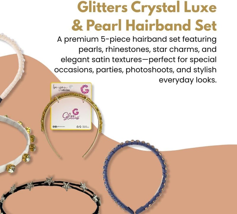 Glitters مجموعة أربطة شعر لؤلؤ كريستال لامع - مجموعة مكونة من 5 قطع فاخرة مع أحجار الراين والساتان - Image 2