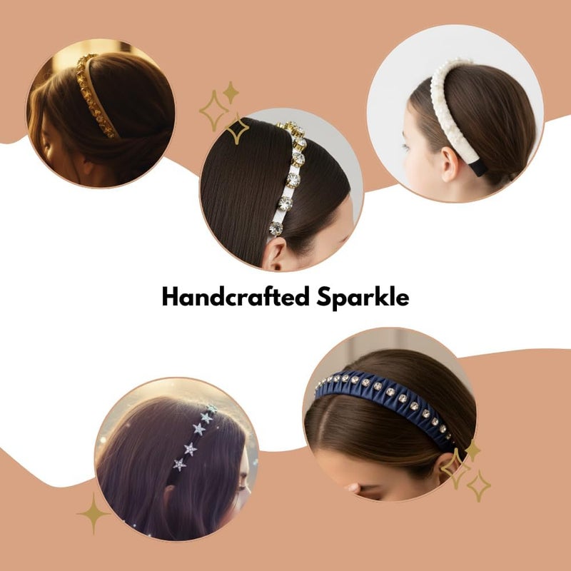 Glitters مجموعة أربطة شعر لؤلؤ كريستال لامع - مجموعة مكونة من 5 قطع فاخرة مع أحجار الراين والساتان - Image 3