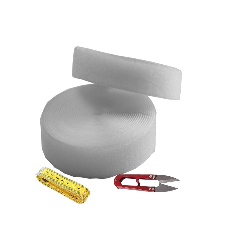 SAI PRASEEDA Regular Hook 20MTS_Regular Loop 20MTS with Easy Removal 20mm_ 20 MTS or 66 Feets White Color with Industrial Cutter_Measuring Tape SP4