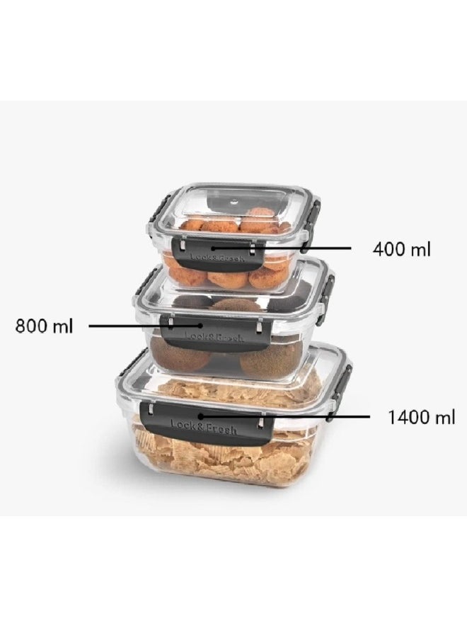 Generic - Set of 3 Plastic Food Storage Containers with Airtight Lid for Meal Prep and Storage in Different Sizes (400ml - 800ml - 1400ml) Multicolor - Image 1