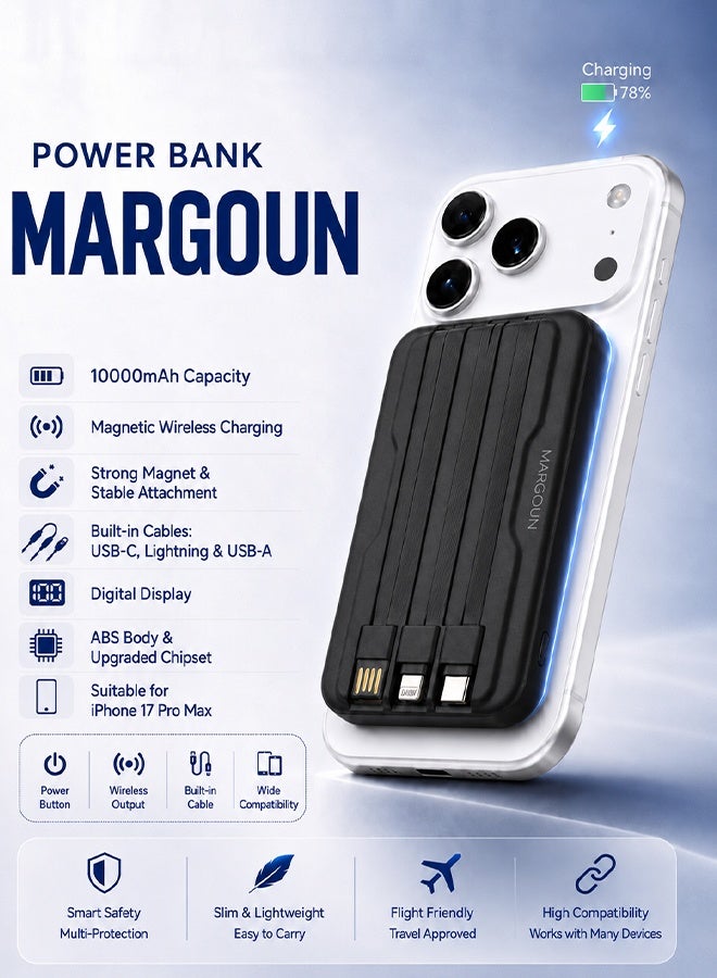 Magnetic Power Bank 10000mAh for iPhone 17 Pro Max – MagSafe Compatible Portable Wireless Charger with Built-in Cables Type-C, Lightning, USB & Digital LED Display black