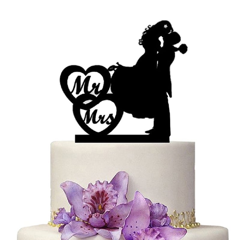 YAMI COCU Mr And Mrs Wedding Cake Toppers Black Acrylic Cake Topper of Engagement and Wedding with Bride and Groom
