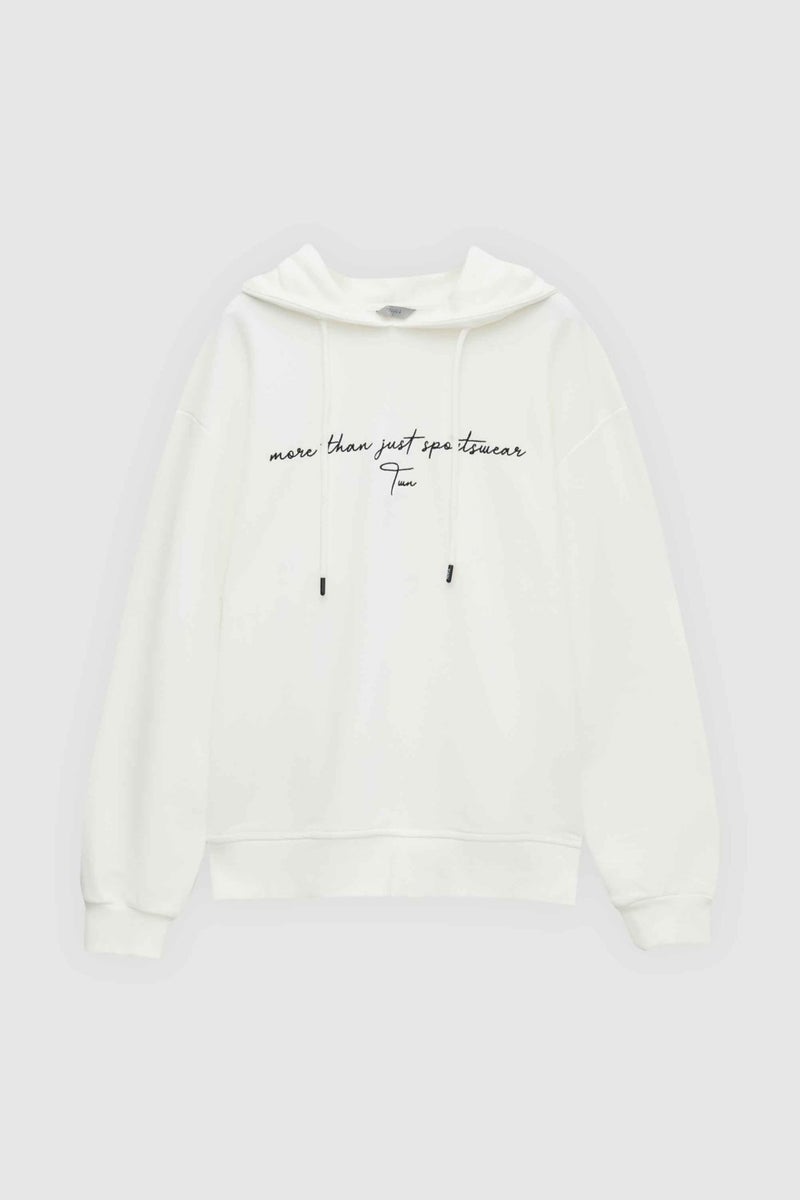 twn Relaxed Fit Ecru Embroidered 3 Thread Hooded Sweatshirt  - Image 5
