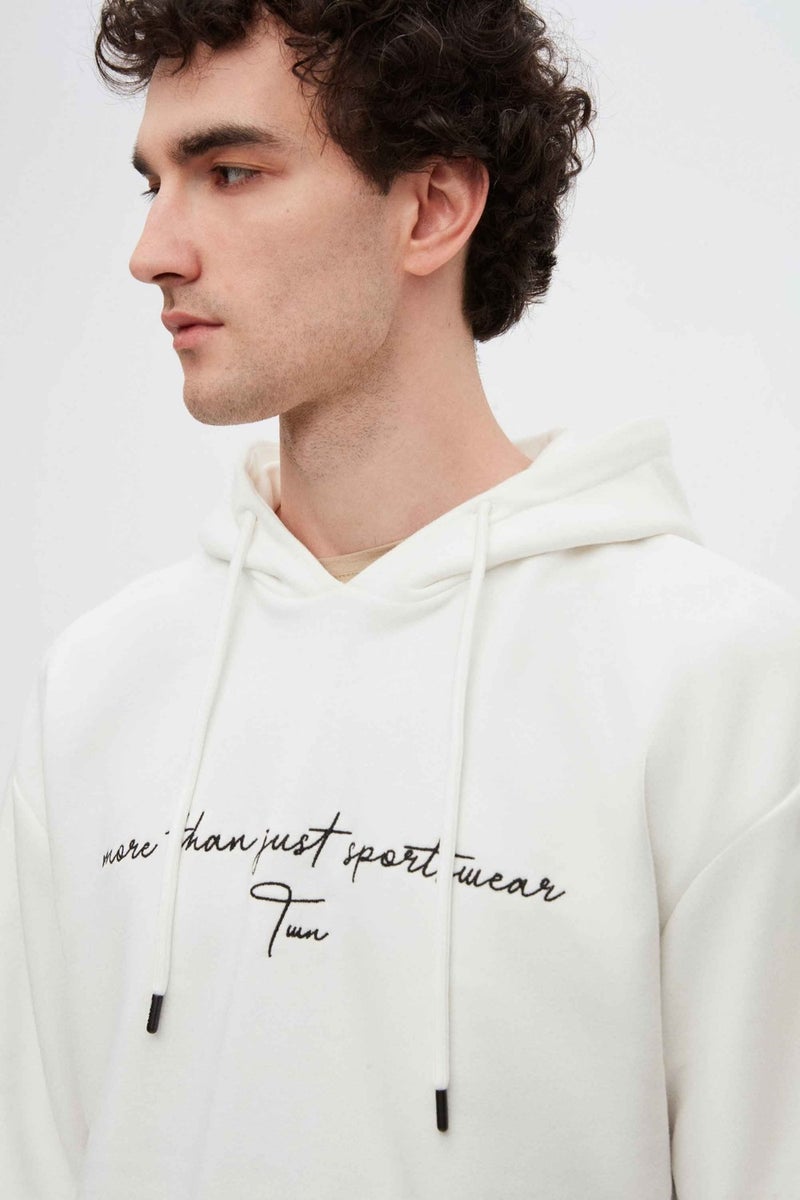 twn Relaxed Fit Ecru Embroidered 3 Thread Hooded Sweatshirt  - Image 2