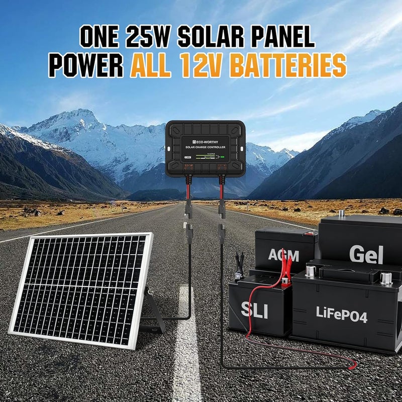 ECO-WORTHY 25W 12V Solar Battery Charger Trickle Maintainer, 25W Waterproof Solar Panel Kit + Adjustable Mount Bracket + Upgrade Controller,for 12V Batteries Cars RV Boat Motorcycle Marine - Image 2