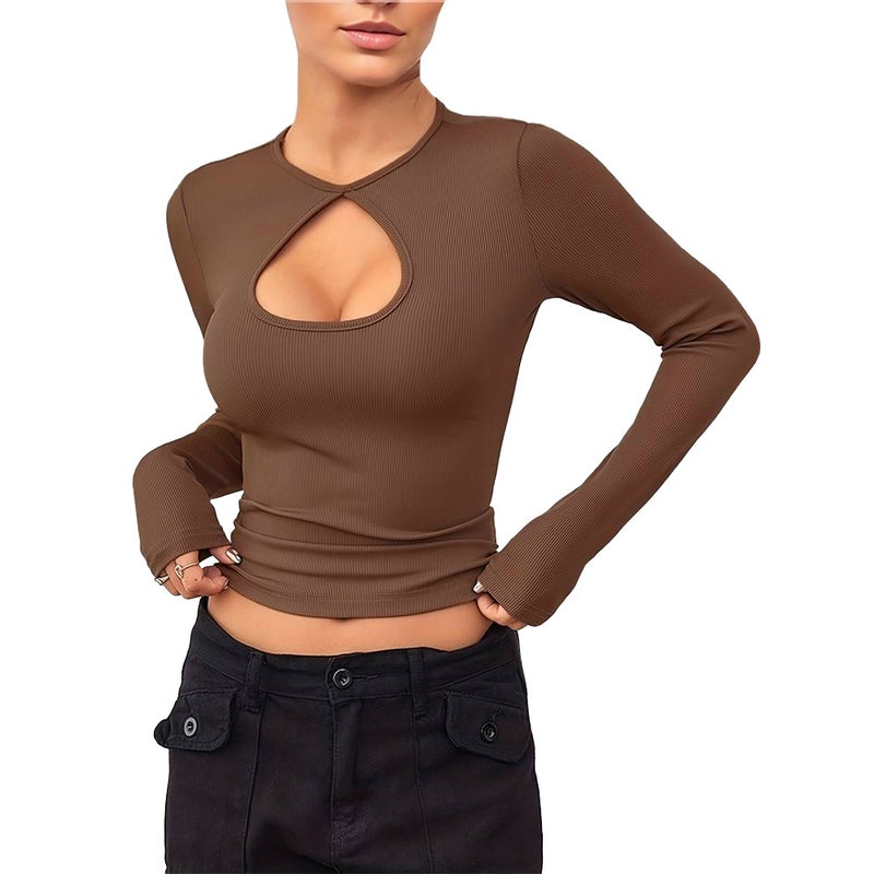 Women's Brown Solid Long Sleeve Slim Fit T-Shirt - Image 5