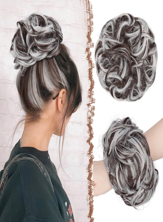 FESHFEN Large Messy Bun Hair Piece - Wavy Synthetic Chignon Scrunchies Elastic Ponytail Hair Extensions Thick Hairpieces for Women, Brown Gray Mix 1.94oz - Image 1