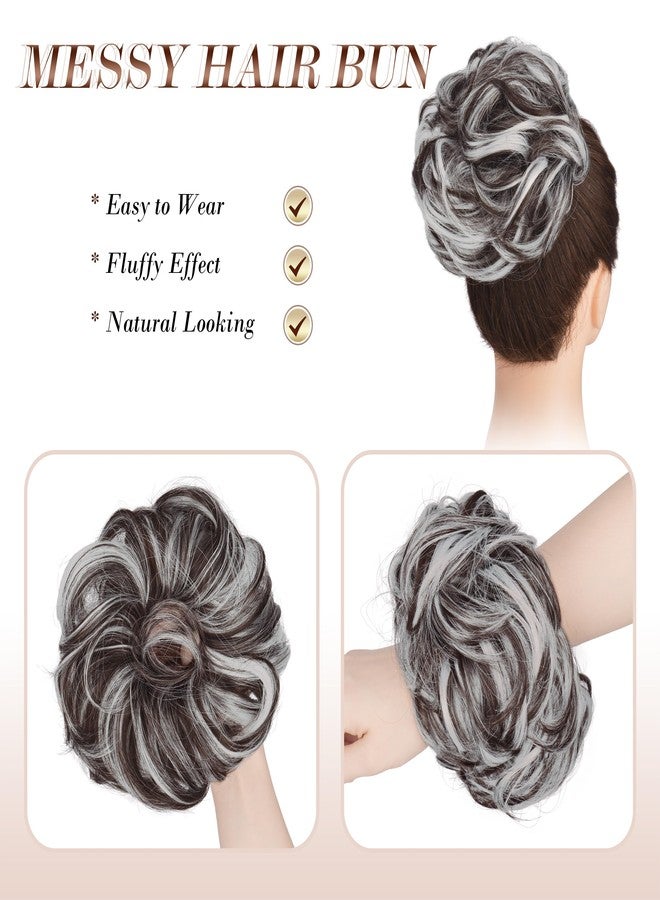 FESHFEN Large Messy Bun Hair Piece - Wavy Synthetic Chignon Scrunchies Elastic Ponytail Hair Extensions Thick Hairpieces for Women, Brown Gray Mix 1.94oz - Image 3