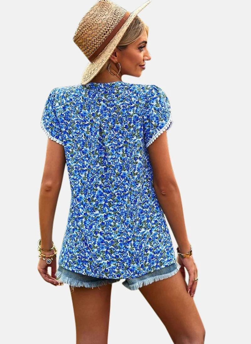 يونيكي Blue V-Neck Printed Top