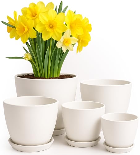 Utopia Home Plant Pots Indoor with Drainage Holes – Set of 5 White Plastic Flower Pots (7/6.6/6/5.3/4.8 Inch) – Modern Planters for Indoor Plants, Room & Office Décor, Great Stocking Stuffers - Image 1