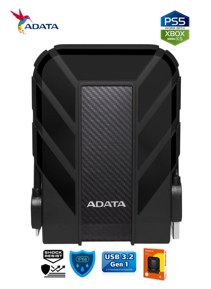 ADATA - HD710 Pro DURABLE 4TB External HDD | Fast Data Anti-Shock Hard Drive | Compatible with PS5 XBOX | Shockproof Waterproof | Black - Image 1