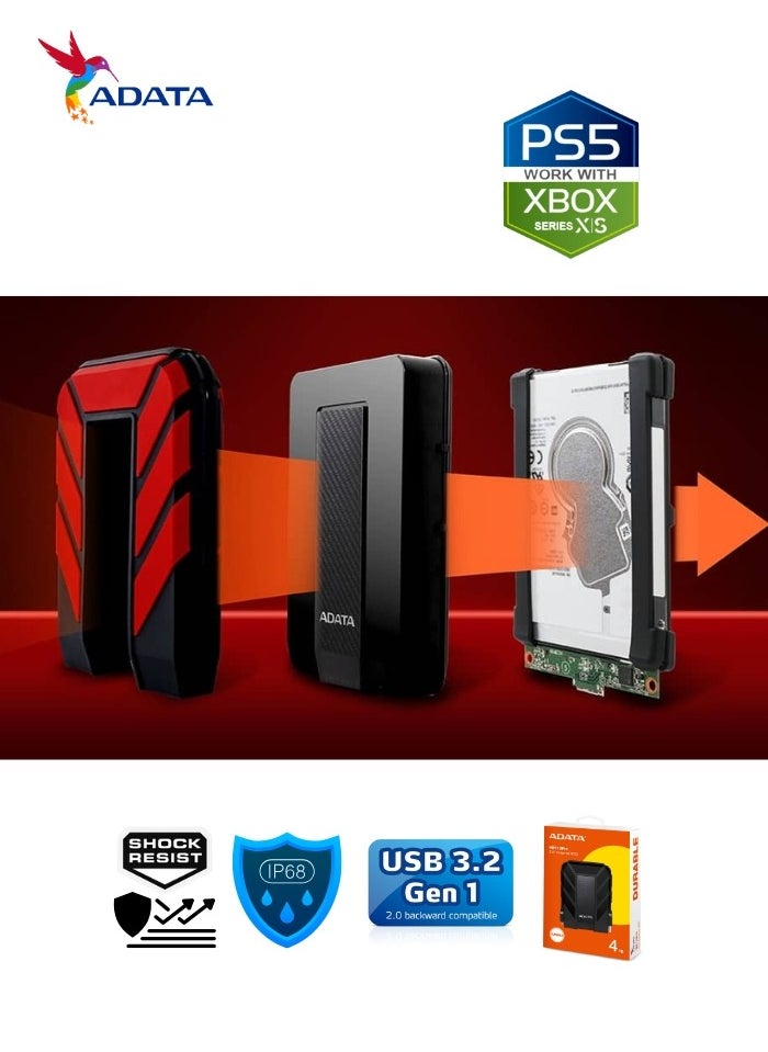 ADATA - HD710 Pro DURABLE 4TB External HDD | Fast Data Anti-Shock Hard Drive | Compatible with PS5 XBOX | Shockproof Waterproof | Black - Image 1