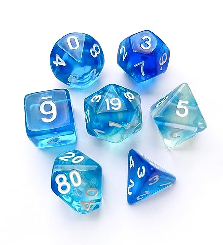 VVPESCA Blue DND Dice Set of 7 Pcs Transparent Polyhedral Dice Set for DD Dungeons and Dragons Role Playing Games COC MTG TTRPGs Accessories D20 System Games Clear BlueWhite - Image 1
