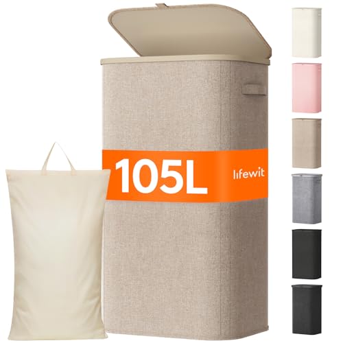 Lifewit 105L Large Laundry Basket with Lid Laundry Hamper with Plastic Handles and Removable Bag Foldable Tall Dirty Clothes Hampers for Laundry for Laundry Room Bedroom Bathroom Dorm Beige - Image 1
