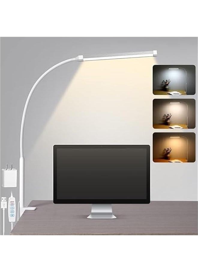 HOOKOR Durku LED Desk Lamp with Clamp, Eye-Caring Clip on Lights for Home Office, 3 Modes 10 Brightness, Long Flexible Gooseneck,Metal, Swing Arm Architect Task Table Lamps with USB Adapter (White)  - Image 1