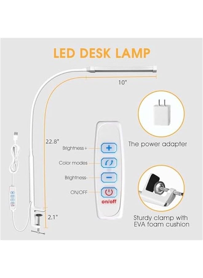HOOKOR Durku LED Desk Lamp with Clamp, Eye-Caring Clip on Lights for Home Office, 3 Modes 10 Brightness, Long Flexible Gooseneck,Metal, Swing Arm Architect Task Table Lamps with USB Adapter (White)  - Image 2