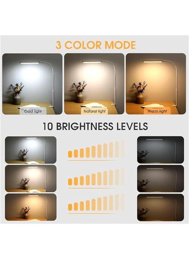 HOOKOR Durku LED Desk Lamp with Clamp, Eye-Caring Clip on Lights for Home Office, 3 Modes 10 Brightness, Long Flexible Gooseneck,Metal, Swing Arm Architect Task Table Lamps with USB Adapter (White)  - Image 4