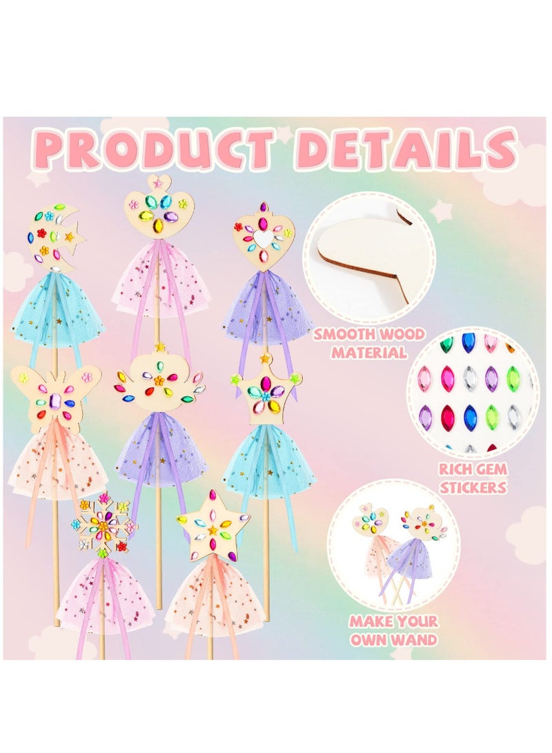 Excefore 32 Pcs Make Your Own Princess Wand Kit 18 Unfinished Star Butterfly Crown Moon Fairy Wood Stick 6 Gem Stickers 4 Satin Ribbons 4 Mesh Decor for Halloween Cosplay Party Accessories DIY Art Craft Making - Image 2