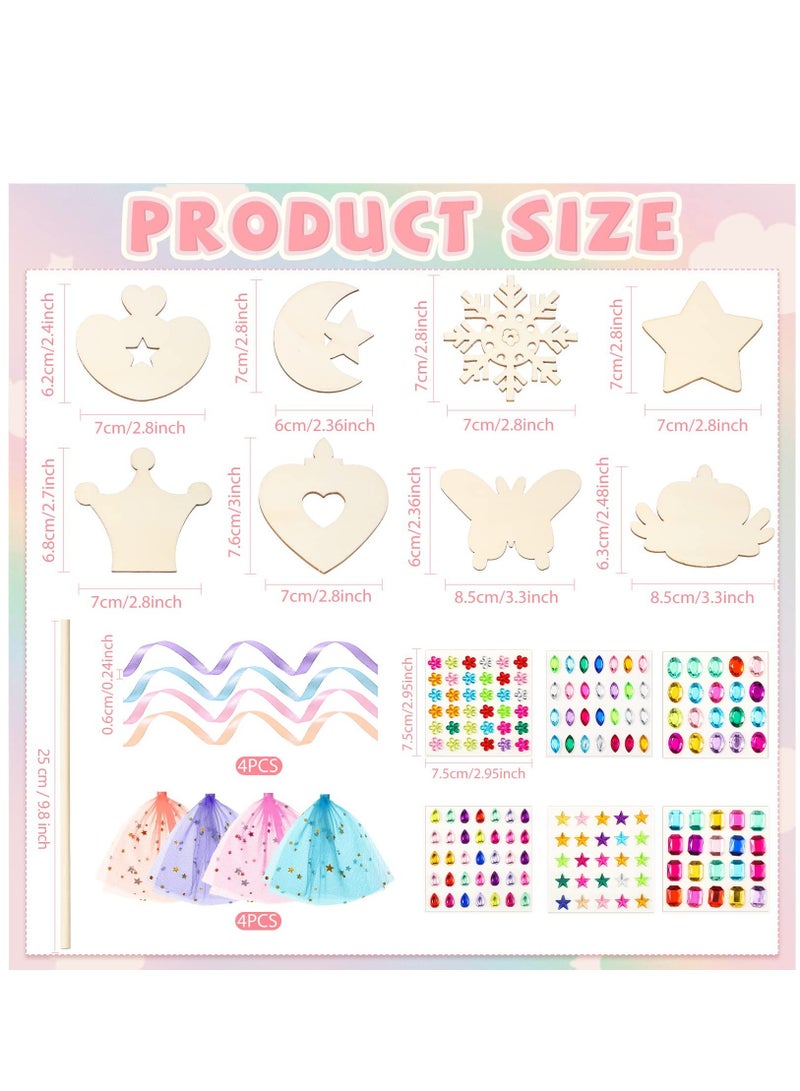 Excefore 32 Pcs Make Your Own Princess Wand Kit 18 Unfinished Star Butterfly Crown Moon Fairy Wood Stick 6 Gem Stickers 4 Satin Ribbons 4 Mesh Decor for Halloween Cosplay Party Accessories DIY Art Craft Making - Image 3