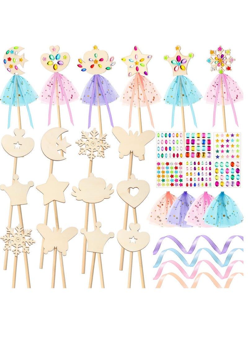 Excefore 32 Pcs Make Your Own Princess Wand Kit 18 Unfinished Star Butterfly Crown Moon Fairy Wood Stick 6 Gem Stickers 4 Satin Ribbons 4 Mesh Decor for Halloween Cosplay Party Accessories DIY Art Craft Making - Image 1