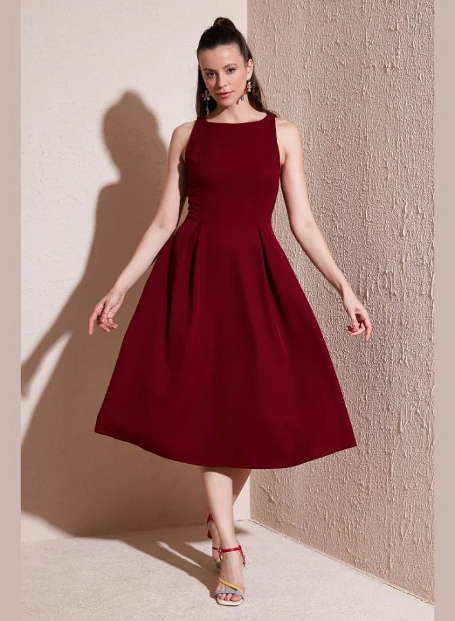 Lela Lela Regular Fit Crew Neck Pocketed Pleated Midi Length Evening Dress Women's Dress 6111963