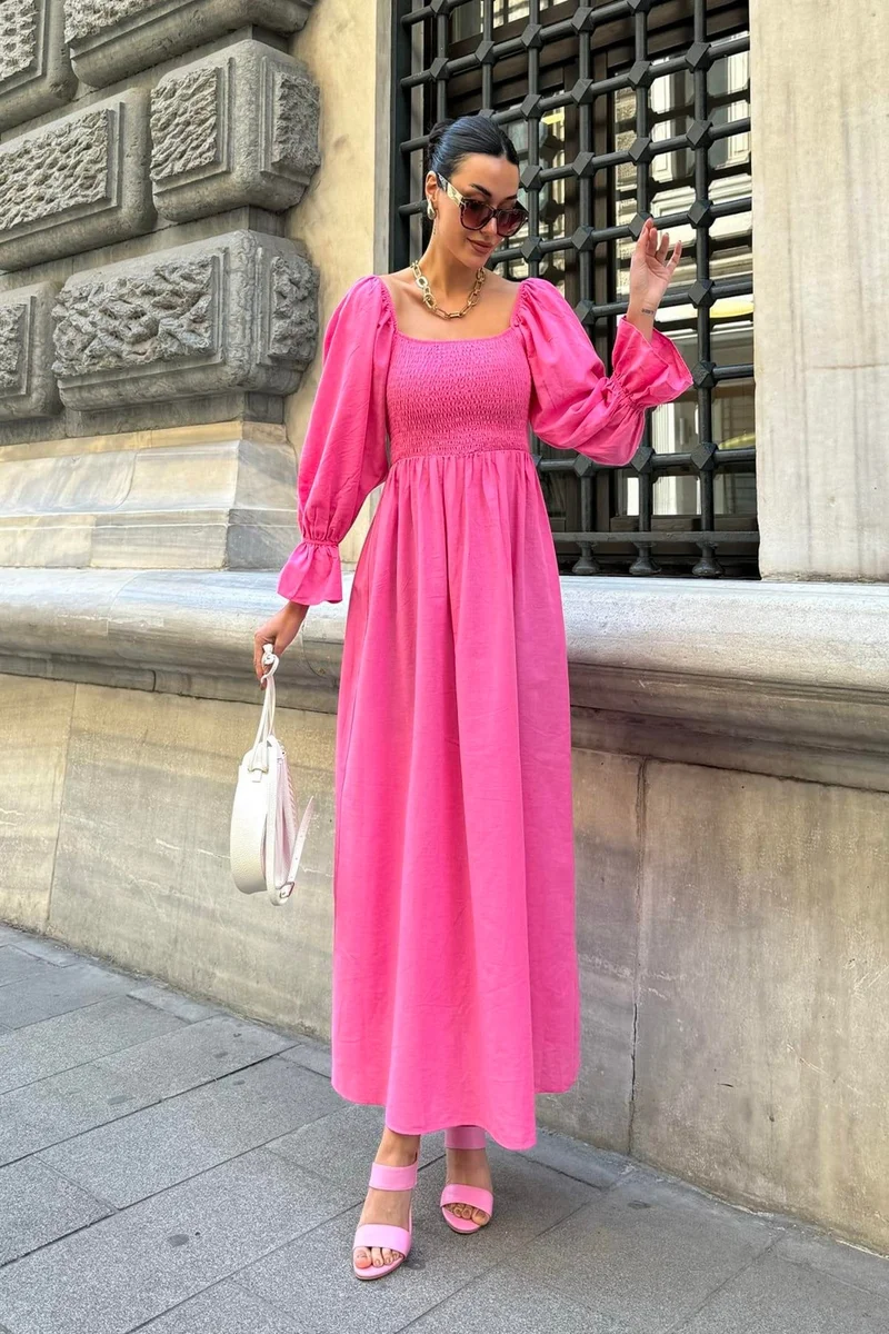 فور يو مودا Natural Viscose Gype Long Fuchsia Dress