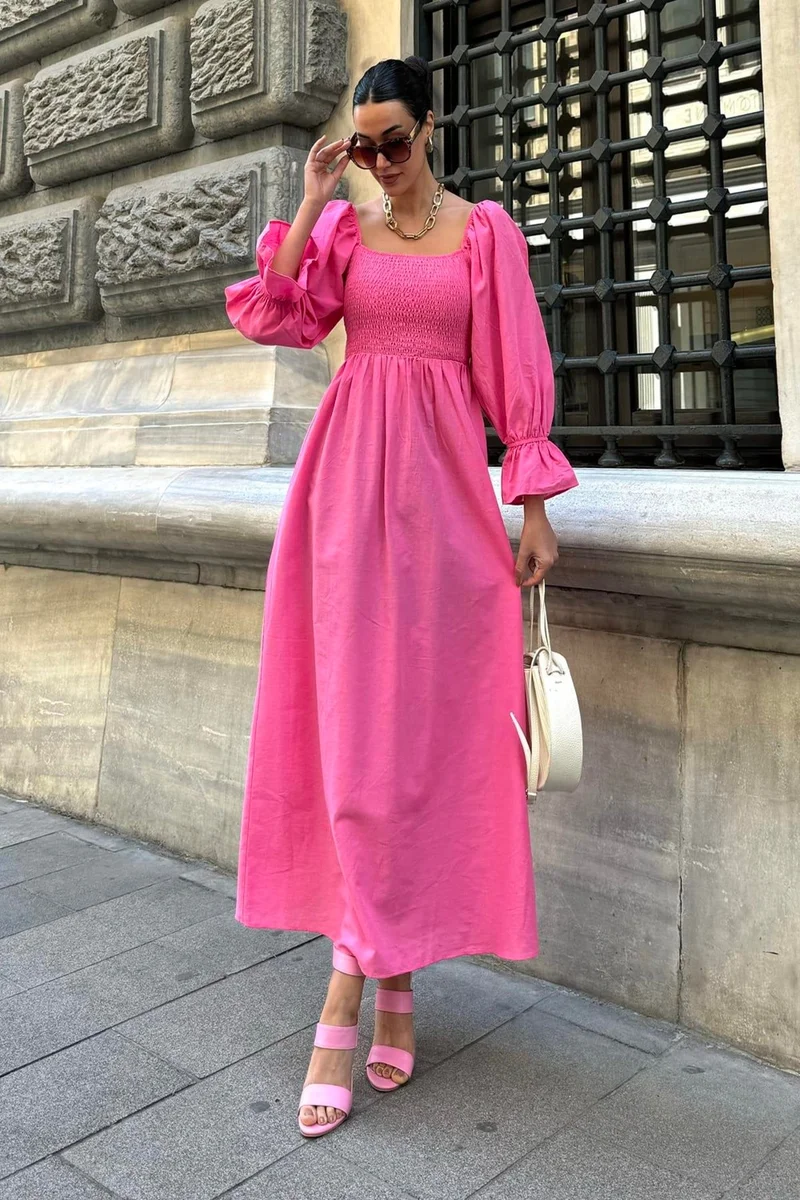 فور يو مودا Natural Viscose Gype Long Fuchsia Dress