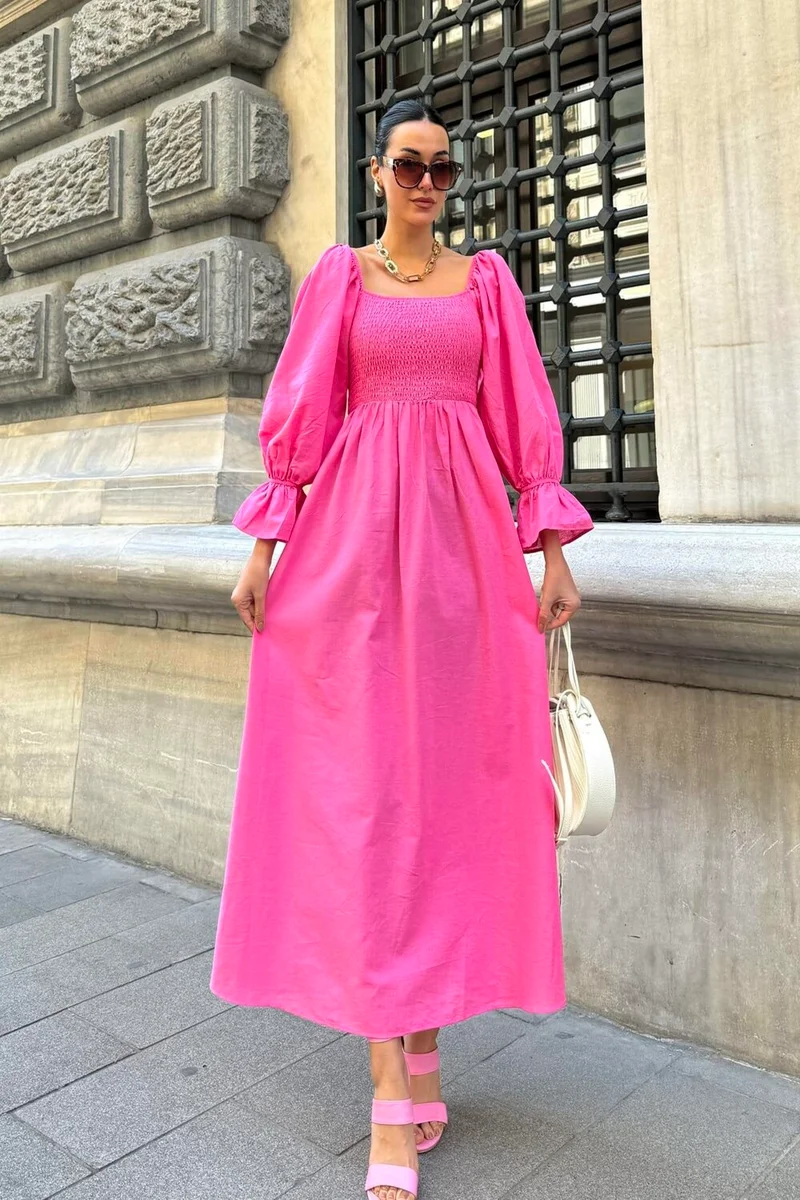 فور يو مودا Natural Viscose Gype Long Fuchsia Dress