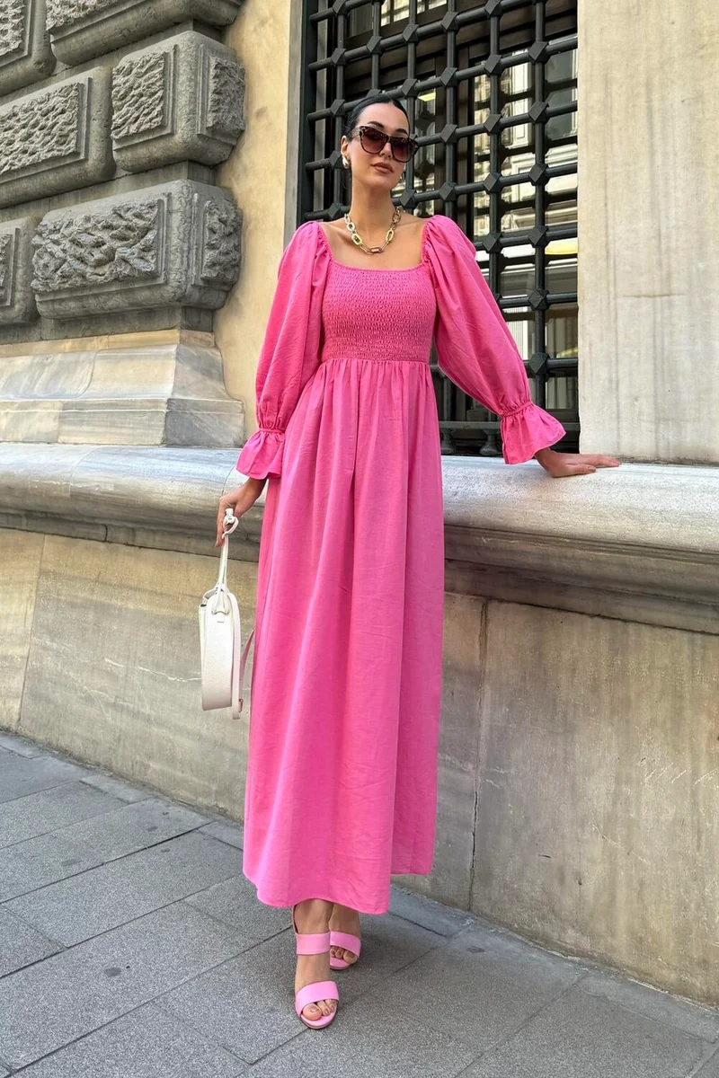 فور يو مودا Natural Viscose Gype Long Fuchsia Dress