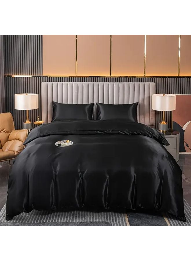مجموعة غطاء لحاف ساتان أسود مقاس كوين 3 قطع، أغطية سرير صديقة للبشرة ومناسبة لجميع الفصول - Image 1