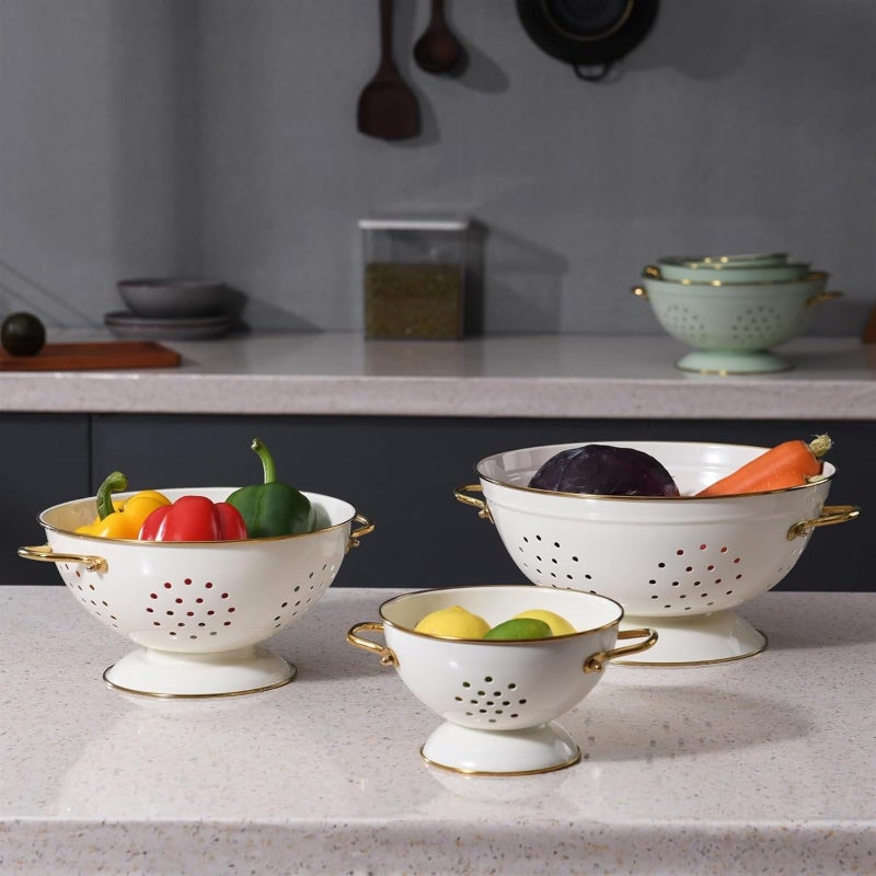 Metal Colander Set of 3, Strainer Basket with Handles perfect for Spaghetti, Pasta, Berry, Vegetable, Fruit, Solid Base Powder Coated Kitchen Essential Strainer Set - Image 3