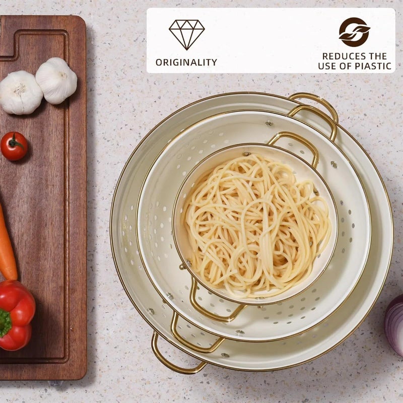 Metal Colander Set of 3, Strainer Basket with Handles perfect for Spaghetti, Pasta, Berry, Vegetable, Fruit, Solid Base Powder Coated Kitchen Essential Strainer Set - Image 4