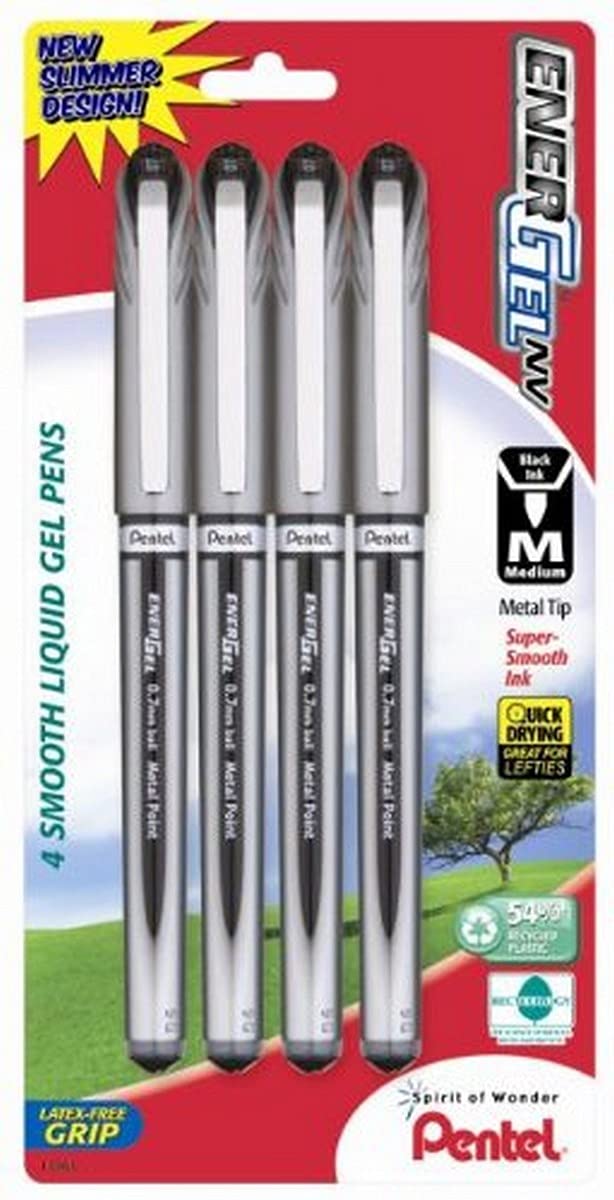 Pentel EnerGel NV Gel Ink Pen, (0.7mm), Metal Tip, Black Ink, 4 Pack (BL27BP4A) - Image 1