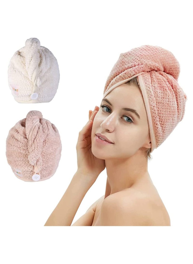 Hair Towel Wrap, Microfiber Hair Drying Shower Turban with Buttons, Super Absorbent Quick Dry Hair Towels for Curly Long Thick Hair, Rapid Dry Head Towel Wrap for Women Anti Frizz 2 Pack - Image 1