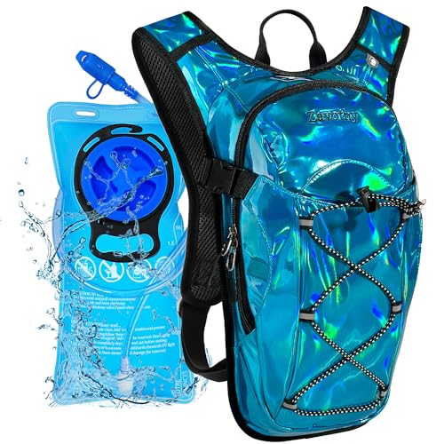 Zavothy Rave Hydration Backpack with 2L Water Bladder Blue Holographic Water Pack for Festivals Concerts EDM Hiking Running Lightweight Hydration Pack for Women and Men Light Blue - Image 1