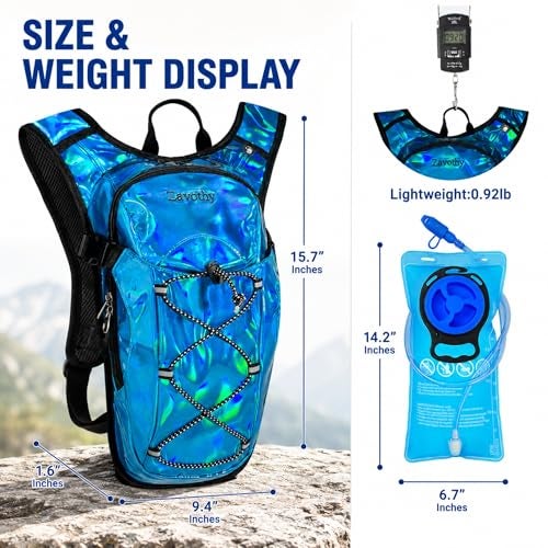 Zavothy Rave Hydration Backpack with 2L Water Bladder Blue Holographic Water Pack for Festivals Concerts EDM Hiking Running Lightweight Hydration Pack for Women and Men Light Blue - Image 3