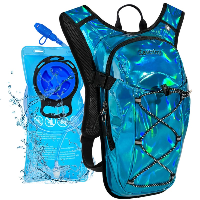 Zavothy Rave Hydration Backpack with 2L Water Bladder Blue Holographic Water Pack for Festivals Concerts EDM Hiking Running Lightweight Hydration Pack for Women and Men Light Blue - Image 2