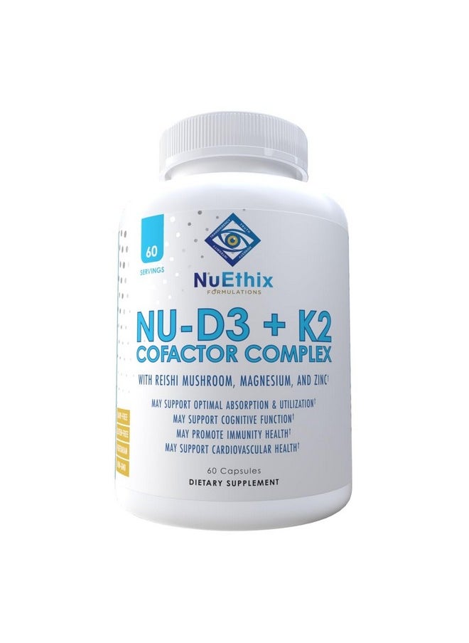 نو إيثيكس فورميلاشنز - تركيبة NuEthix Formulas NU-D3 + K2 - مكملات فيتامين D3 وK2 بتركيز 5000 وحدة دولية - مملوءة بفطر الريشي والمغنيسيوم والزنك - 60 قرصًا، 60 وجبة - منتجات مصنوعة في الولايات المتحدة فقط - Image 1