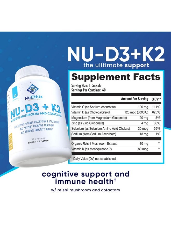 نو إيثيكس فورميلاشنز - تركيبة NuEthix Formulas NU-D3 + K2 - مكملات فيتامين D3 وK2 بتركيز 5000 وحدة دولية - مملوءة بفطر الريشي والمغنيسيوم والزنك - 60 قرصًا، 60 وجبة - منتجات مصنوعة في الولايات المتحدة فقط - Image 1