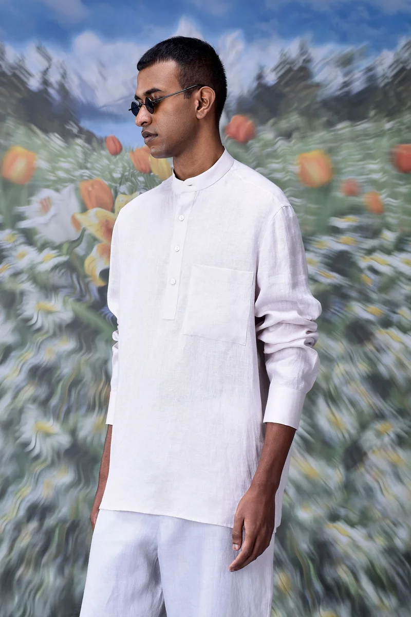 Genes Lecoanet Hemant Mandrin Collar Regular Fit Linen Shirt