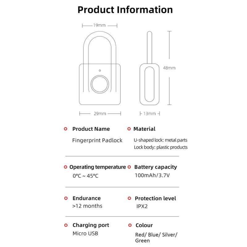 قفل بصمات الأصابع للفتح السريع بدون مفاتيح، قفل ذكي يفتح بمسحة واحدة، مشحون عبر USB، ومقاوم للماء، وقفل مضاد للسرقة لمنشآت الرياضة والأحمال المسطحة وأبواب الخزائن - Image 5