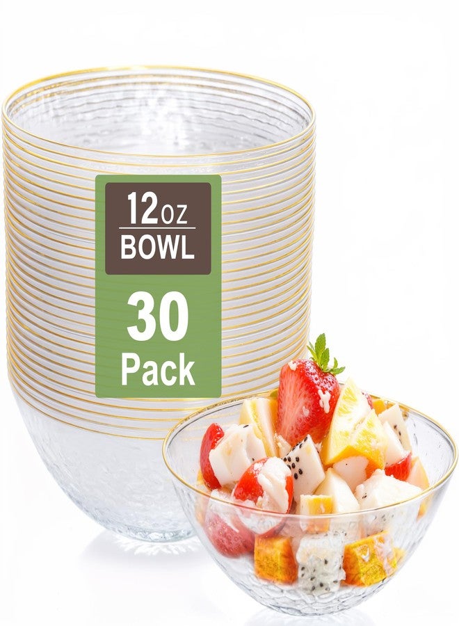 I00000 30 Pack 12 Ounce Clear Plastic Bowls Hammered with Gold Rimmed,Heavy Duty Disposable Bowl Set,Elegant Salad/Dessert/Ice Cream Small Bowls for Party, Weddings, Catering - Image 1