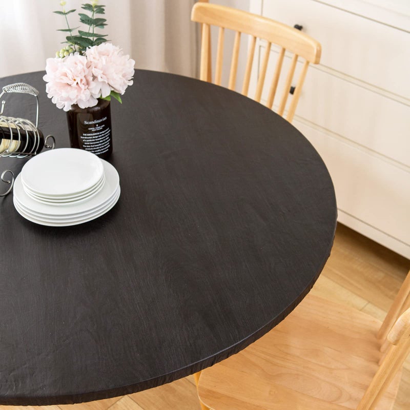 LIBERECOO Round Vinyl Fitted Tablecloth with Flannel Backing Elastic Edge Table Cover Waterproof Stain-Resistant Wipeable Tablcloths Fits 45-56" Round Tables - Image 4
