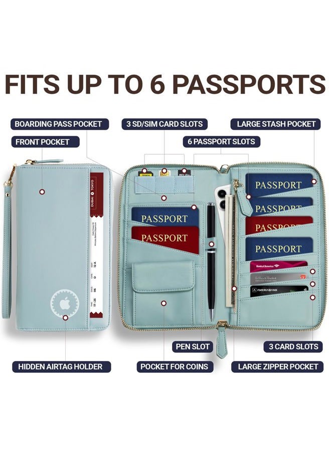 Apadi Family Passport Holder with AirTag RFID Passport Wallet Leather Travel Wallet Womens with Zipper Multiple Travel Document Organizer Holder for 4 6 Passport Cover Case Porta Pasaporte Familiar - Image 2