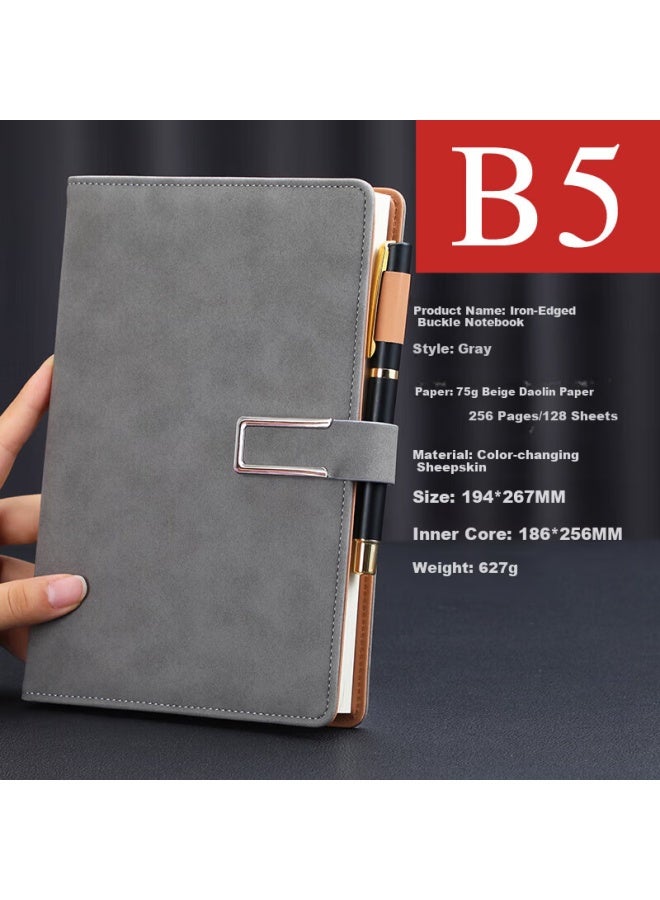 Longe Langjie Business Notebook, Thickened Journal, Sheepskin Cover Notebook, Stationery, Buckle Diary, Office Meeting Record Book, Customizable Logo, B5 Gray - Image 2